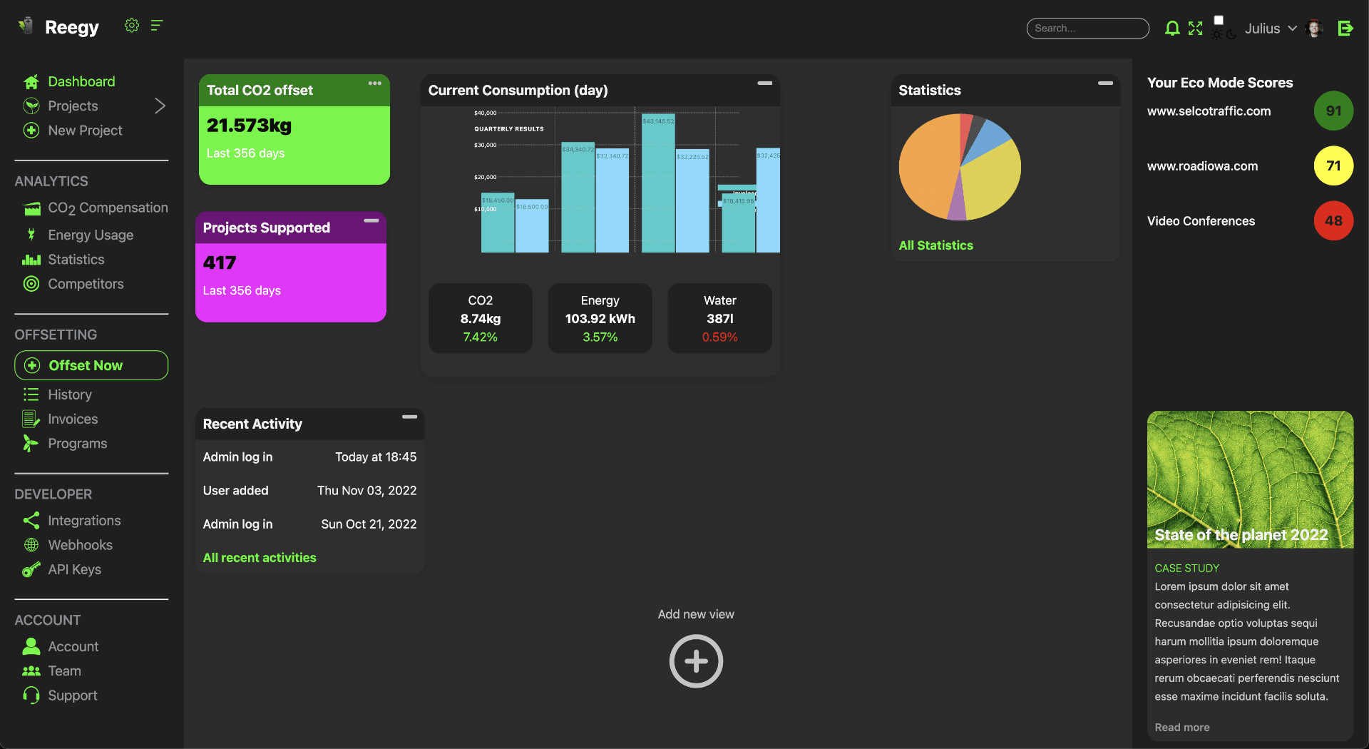 Reegy App dashboard